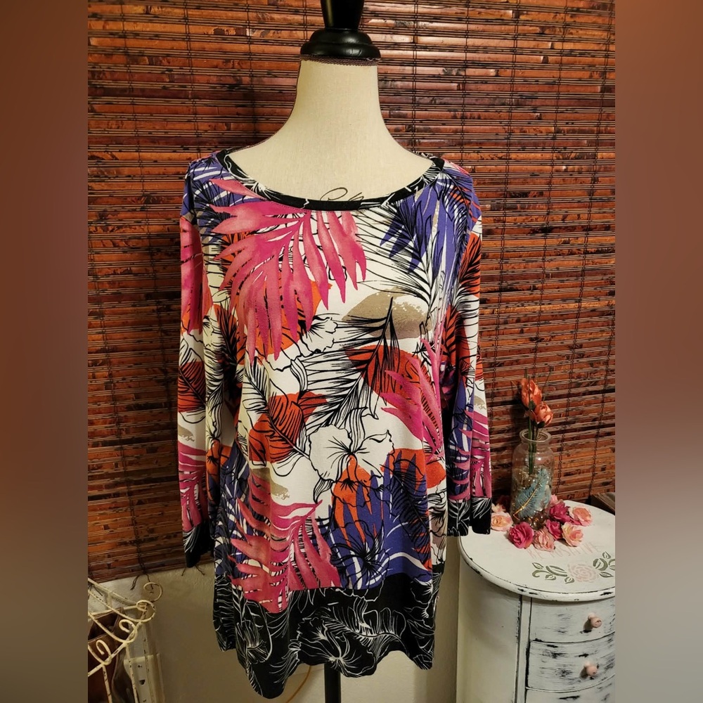 Ruby Rd. Tropical Leaf Print Long Sleeve Top